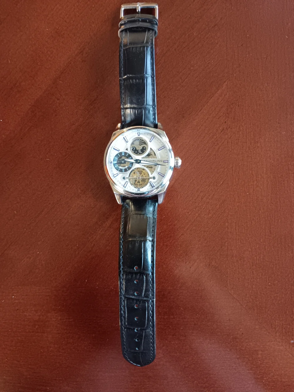 Stuhrling Original Men's Automatic Silver Dial Watch with Black Leather Strap